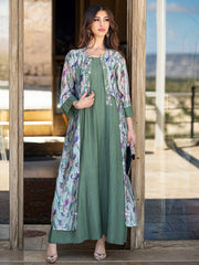 15044 Daily Versatile Abaya Two-Piece Set | Green Dress & Floral Outer Cape, Beads Help Effortlessly Master Multiple Occasions