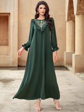 15153 dark green long-sleeved round neck ruffle edge hand-sewn bead large size clothing