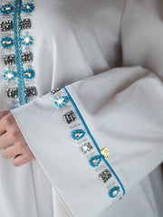 15013 Vintage Ethnic Abaya White Dress | Blue-Silver Beads Highlight, Tassel Hem Interprets Exotic Flair