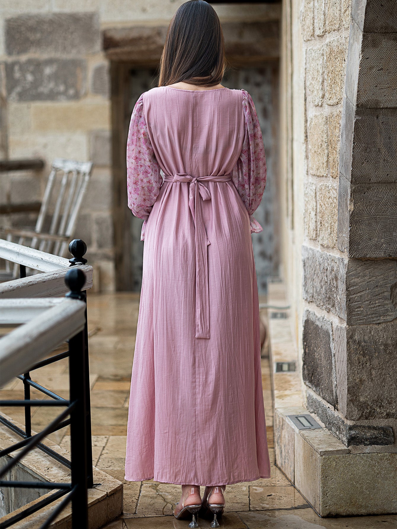 15014 high-end glass-inlaid diamond women's clothing splicing chiffon lantern sleeve A-shaped long dress