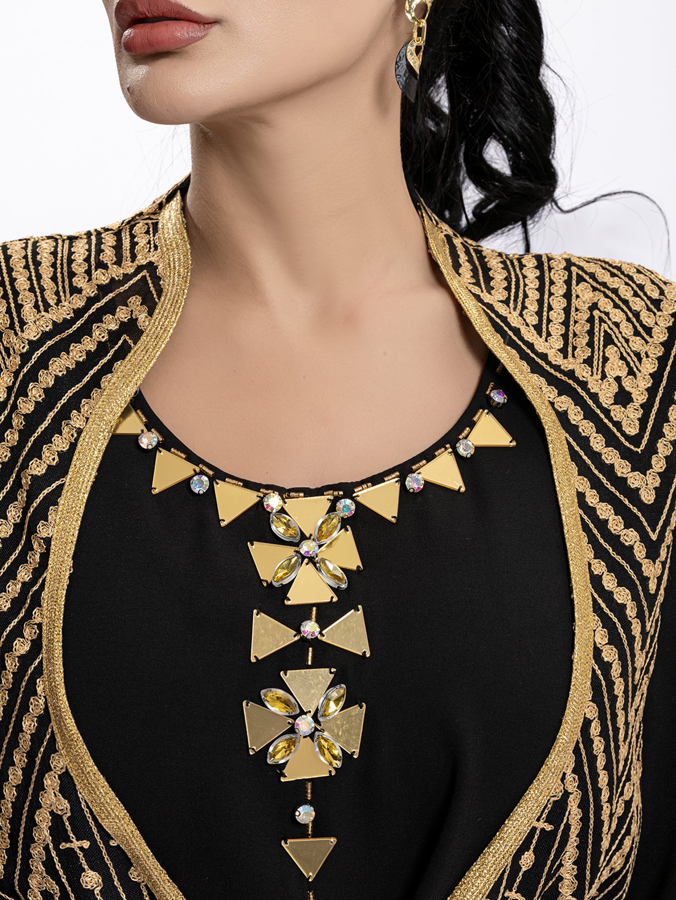 4036 Middle Eastern Style Black Gold Embroidered Pseudotwo-Piece Maxi Dress - Flared Sleeves Belted Elegant Gown