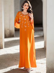 5204 Sunset Orange Arabic Abaya Dress | Round Neck Beaded Gown with Bell Sleeves & Intricate Embroidery