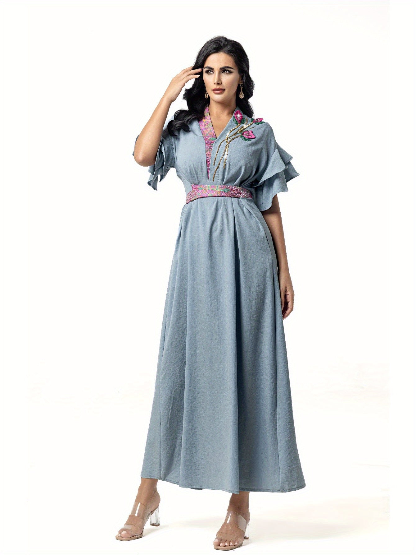 5110 abaya robe dress, floral beads shine, lotus leaf sleeves with waist design, a must for parties