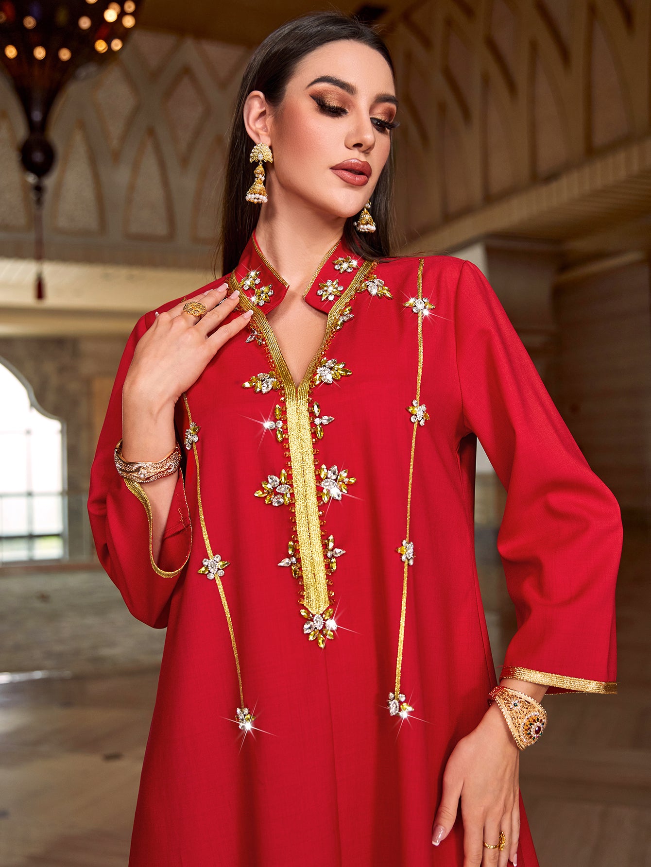 4054 Middle Eastern Style Red Gold Embellished Sequin 3/4 Sleeves Maxi Dress - Elegant Sparkling Long Gown
