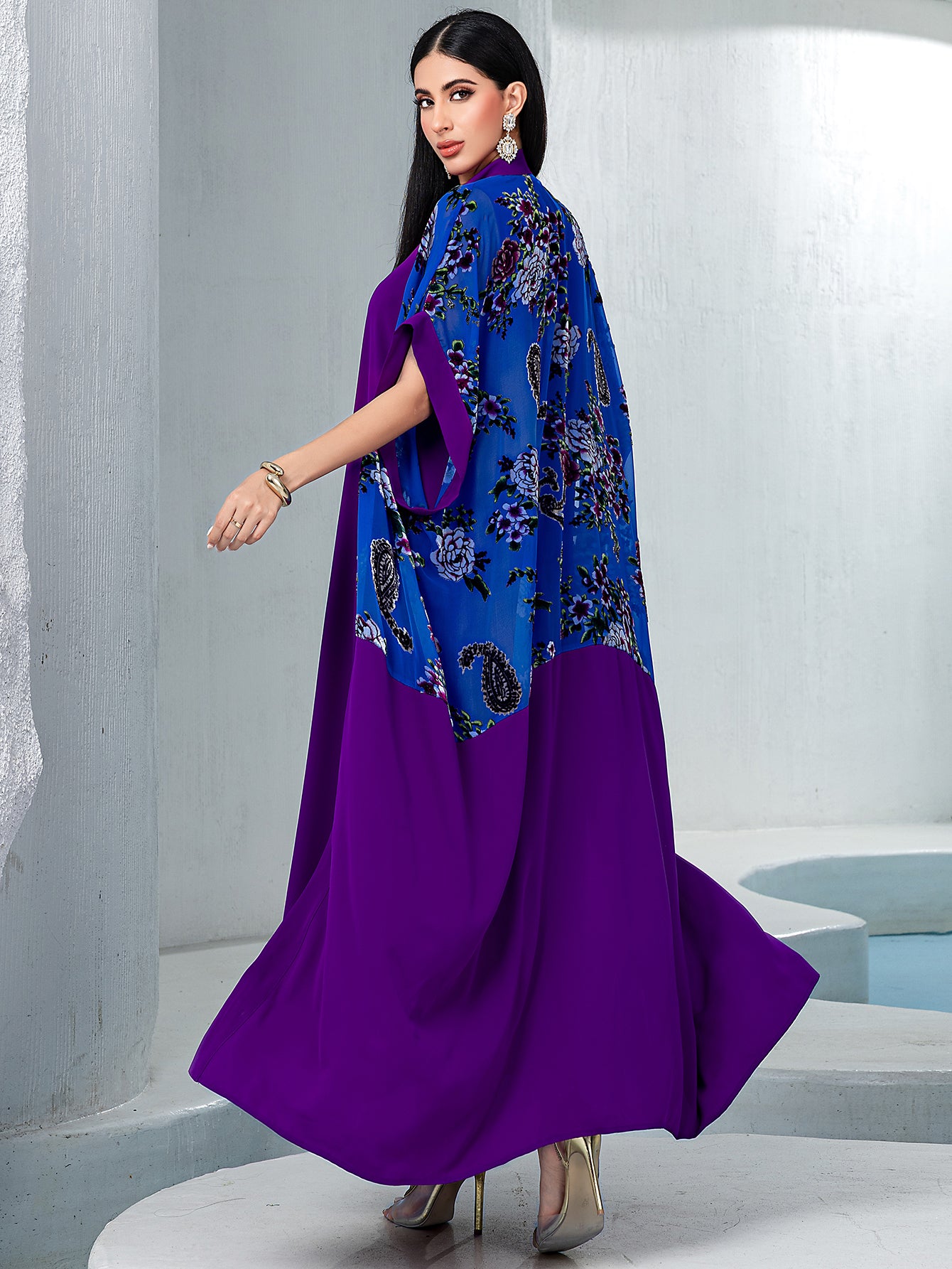 5142Two-Piece Purple & Blue Embroidered Dress Set | Floral Overlay Top with Beaded V-Neck & Slimming Belt