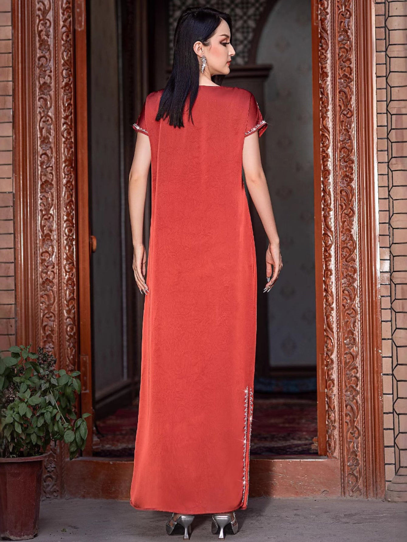 15234 Fashion Middle Eastern acetic acid surface embossed handmade nail drill dress long dress trendy robe
