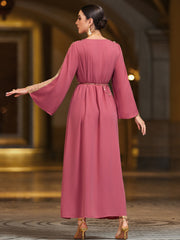 4045 Middle Eastern Style Pink Mesh-Trimmed Gold Sequin Flared Sleeve Maxi Dress - Elegant Sparkling Long Gown