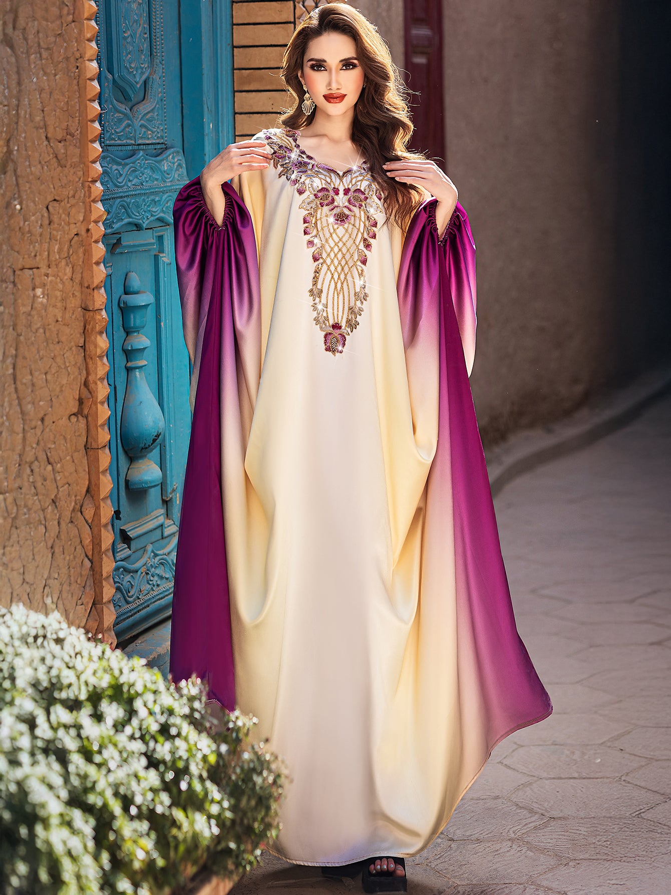 5208Arabic Ombre Abaya Dress | Gold Embroidery V-Neck Gown for Evening Events