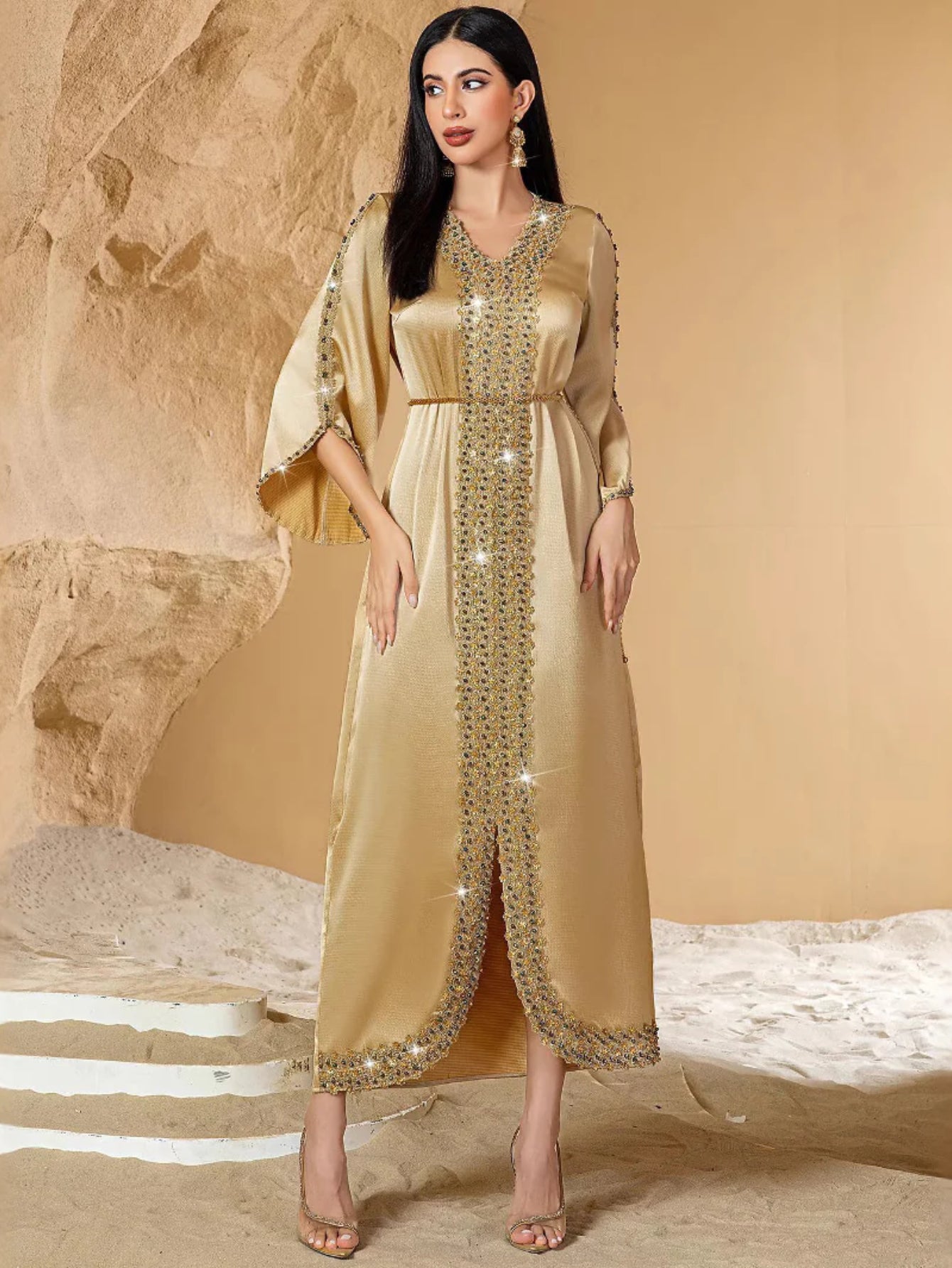 15154 new champagne splicing lace handmade beaded women's Middle East robe evening dress