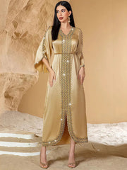 15154 new champagne splicing lace handmade beaded women's Middle East robe evening dress