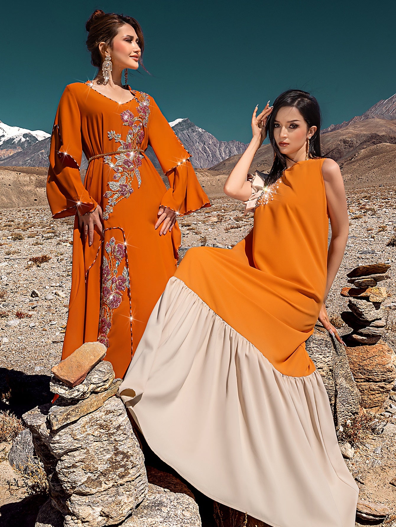 5238Arabic Orange Abaya Dress | Cream & Crystal Embroidered Gown for Special Occasions