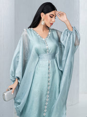 15168 Middle Eastern Style Light Green Bead Embellished Loose Sleeves Belted Maxi Dress - Elegant Decorated Abaya Gown