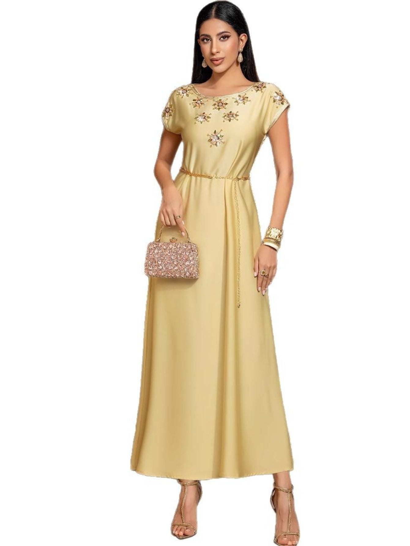 BA7030 New Champagne Waldorf Satin Heavy Industry Hand-sewn Diamond Short Sleeve Celebrity Style, Retro Dress