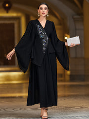 4147 Black Butterfly Handmade Nailed Diamond Wrap Dress Middle East Fashion Arabian Dress
