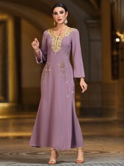 4089 Middle Eastern Style Purple Gold Embroidered Sequin Long Sleeve Maxi Dress - Elegant Sparkling Decorated Gown