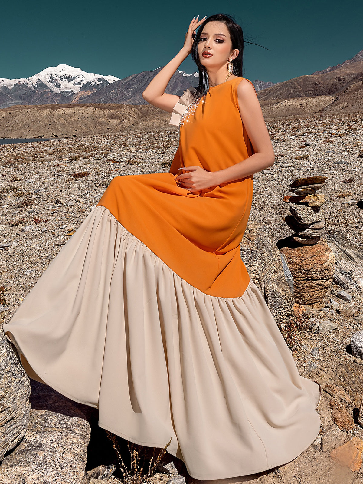 5238Arabic Orange Abaya Dress | Cream & Crystal Embroidered Gown for Special Occasions