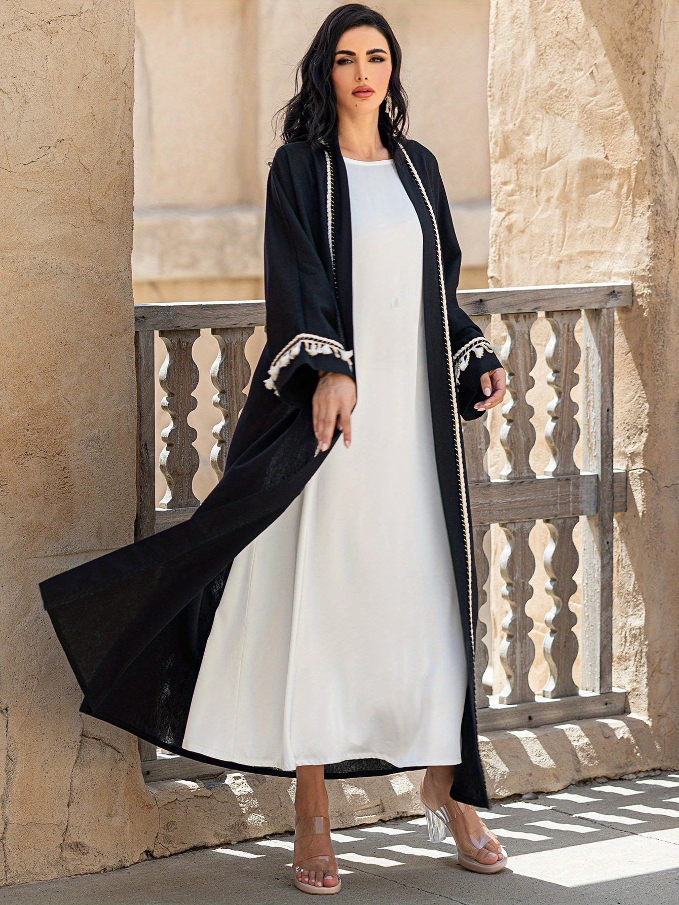 5062 Ya black Ramadan loose robe beaded with tassels embellished with a single piece