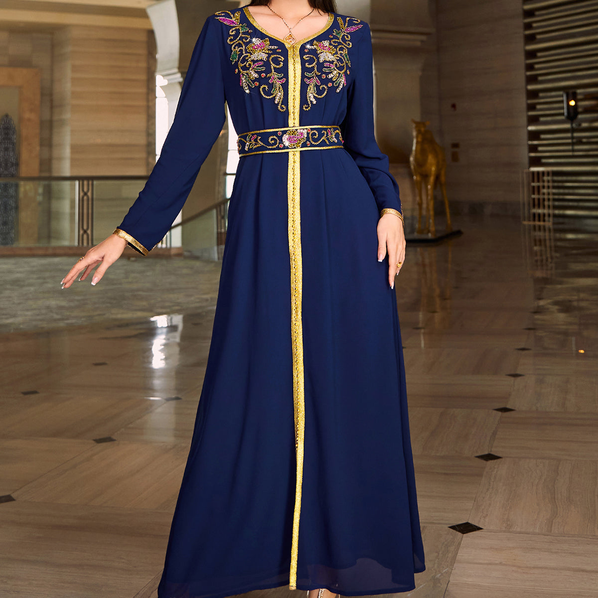 4067 Middle Eastern Style Navy Blue Gold-Trimmed Floral Embroidered Long Sleeve Maxi Dress - Elegant Belted Gown