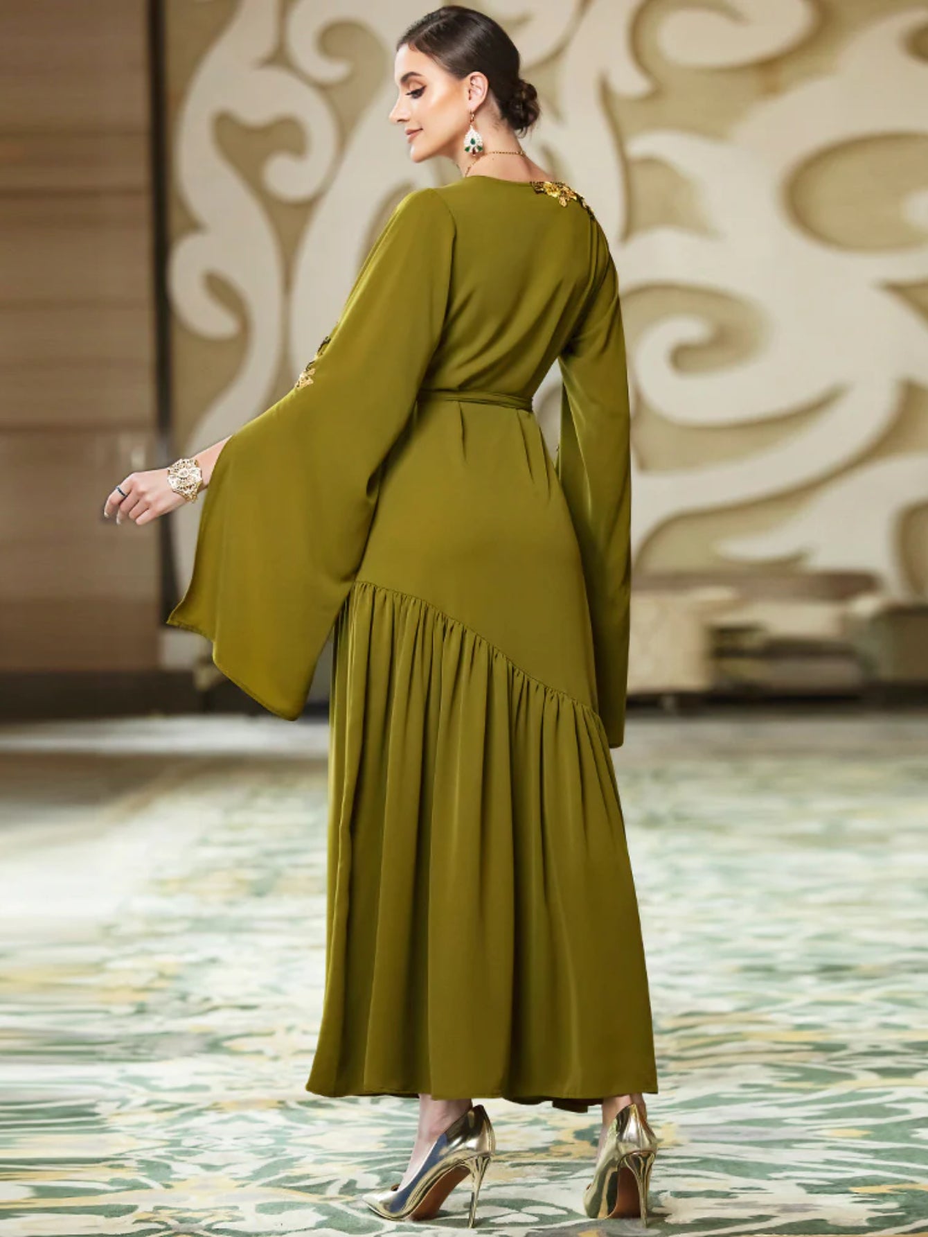 BA3048 New Army Green Middle East Super Long Sleeve Embroidered Decal Dress, Dubai Dress