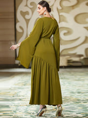 BA3048 New Army Green Middle East Super Long Sleeve Embroidered Decal Dress, Dubai Dress
