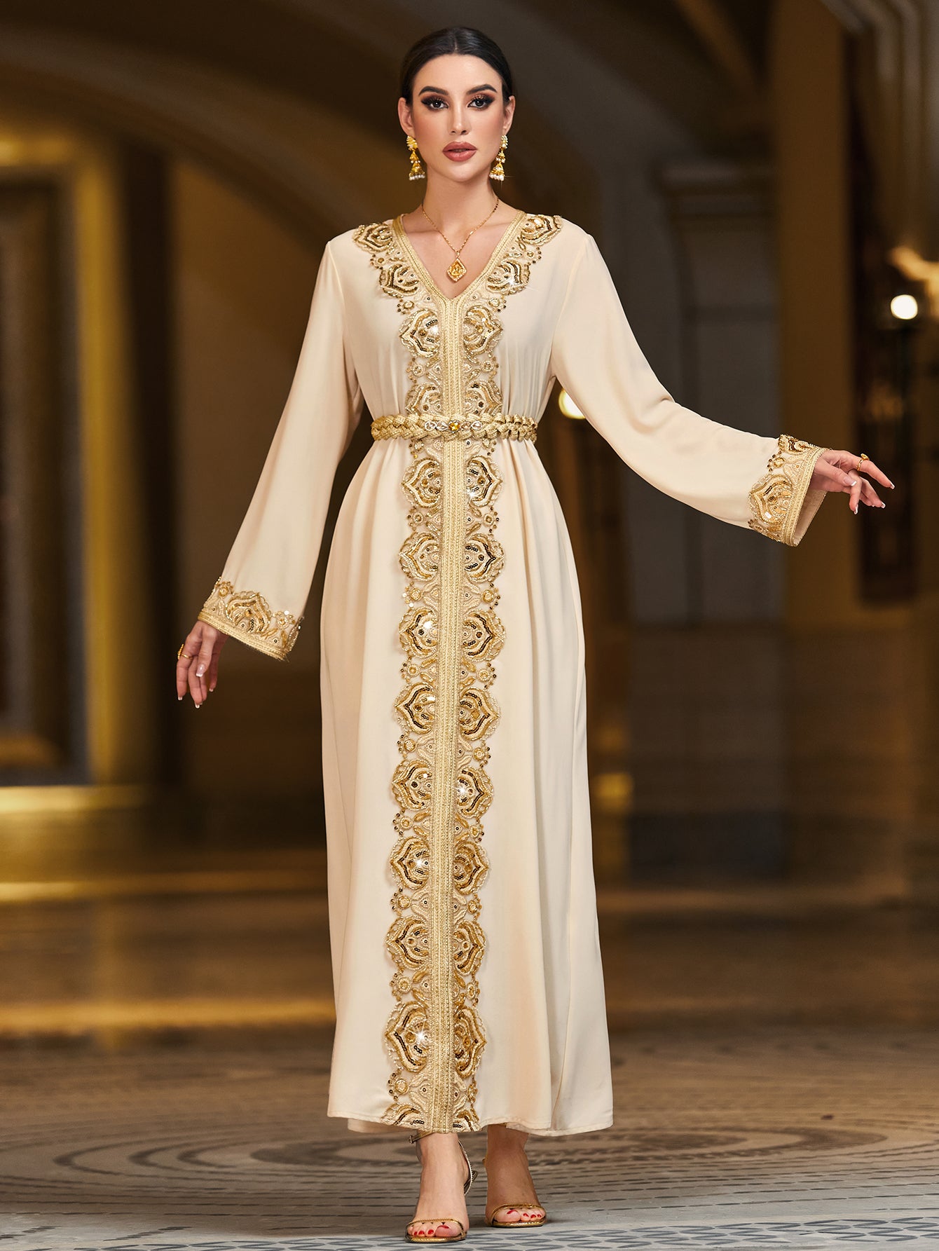 4093 Middle Eastern Style Beige Gold Embroidered Long Sleeve Belted Maxi Dress - Elegant Ornate Decorated Gown