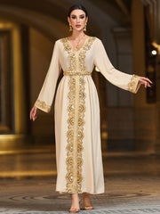 4093 Middle Eastern Style Beige Gold Embroidered Long Sleeve Belted Maxi Dress - Elegant Ornate Decorated Gown