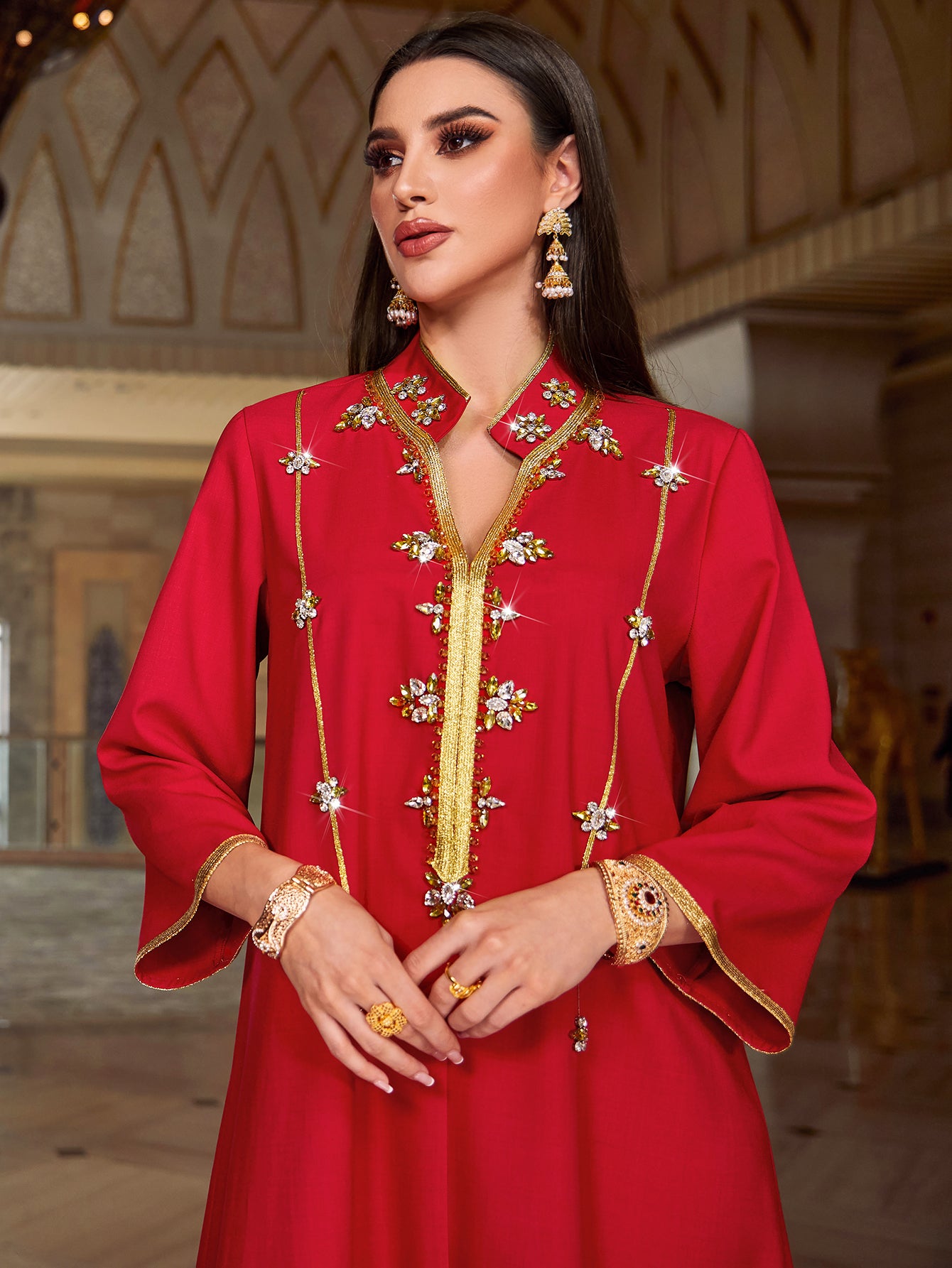 4054 Middle Eastern Style Red Gold Embellished Sequin 3/4 Sleeves Maxi Dress - Elegant Sparkling Long Gown