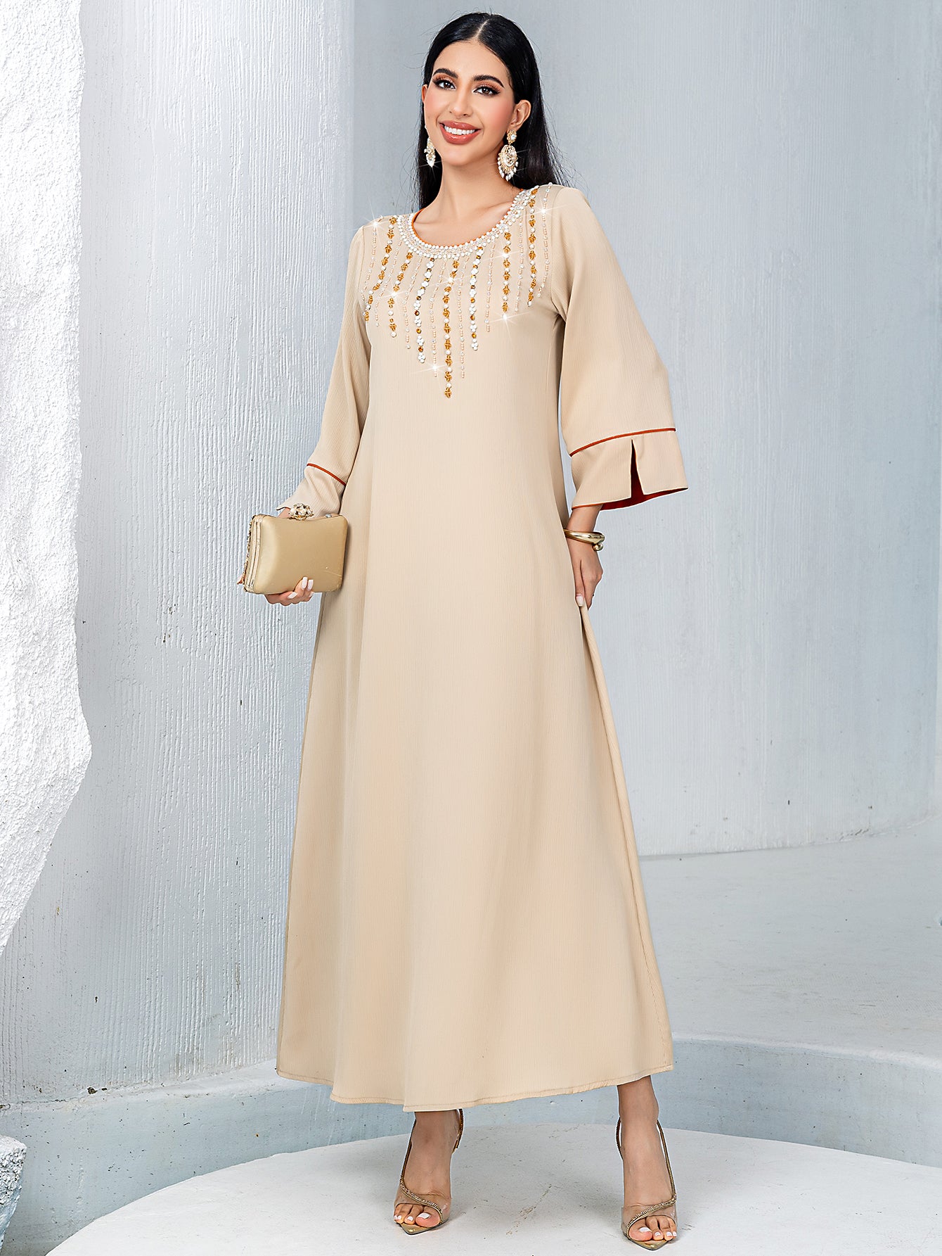 5239Beige Arabic Abaya Dress | Gold Beaded V-Neck Gown with Red Trim & Bell Sleeves for Evening