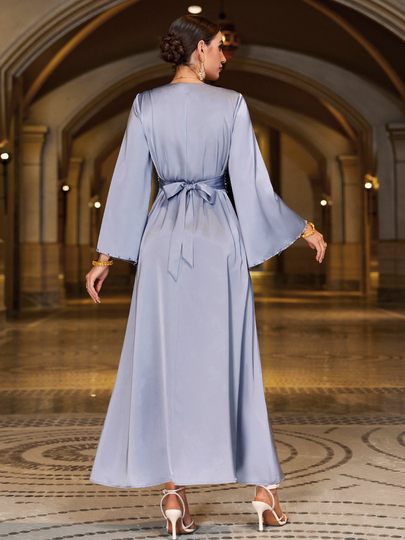 4063 Middle Eastern Style Light Blue Sequin-Embellished Flared Sleeve Maxi Dress - Elegant Sparkling Long Gown