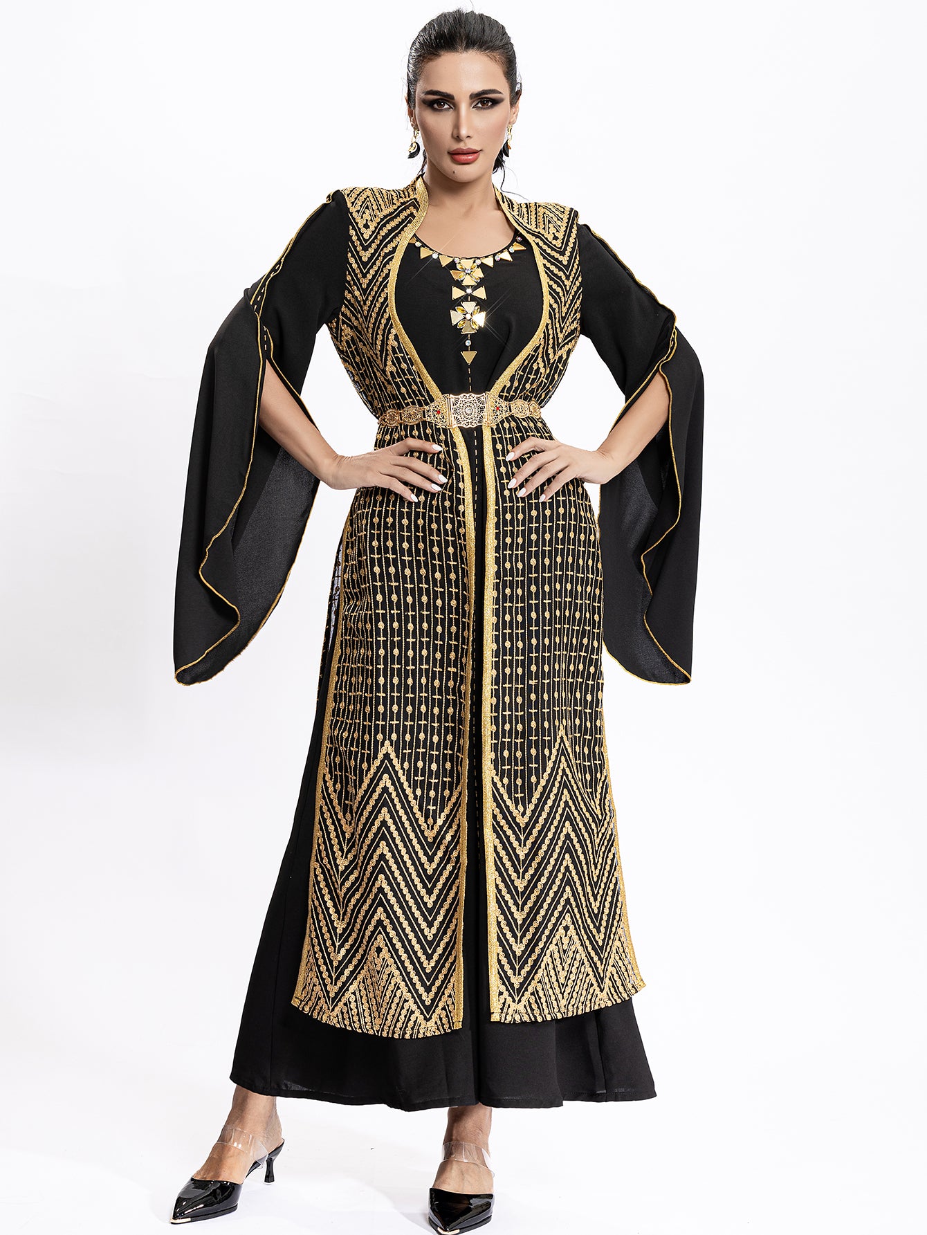 4036 Middle Eastern Style Black Gold Embroidered Pseudotwo-Piece Maxi Dress - Flared Sleeves Belted Elegant Gown