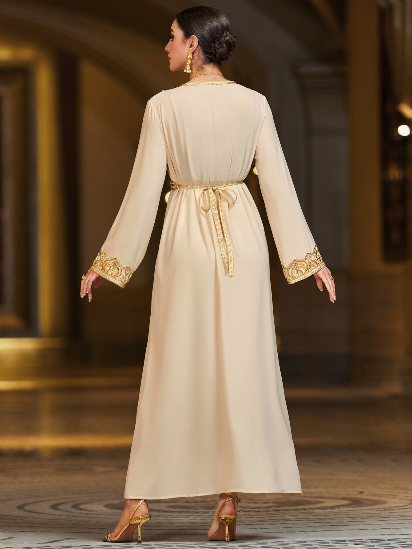 4093 Middle Eastern Style Beige Gold Embroidered Long Sleeve Belted Maxi Dress - Elegant Ornate Decorated Gown
