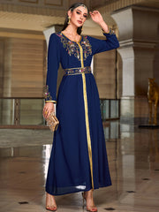 4067 Middle Eastern Style Navy Blue Gold-Trimmed Floral Embroidered Long Sleeve Maxi Dress - Elegant Belted Gown