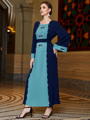 3051 contrasting color splicing! Middlewind horn sleeve diamond-encrusted long slim-fit dress