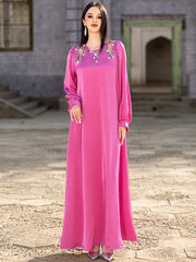5203Rose Pink Arabic Abaya Dress | V-Neck Beaded Embroidery Gown with Draped Chains & Bell Sleeves