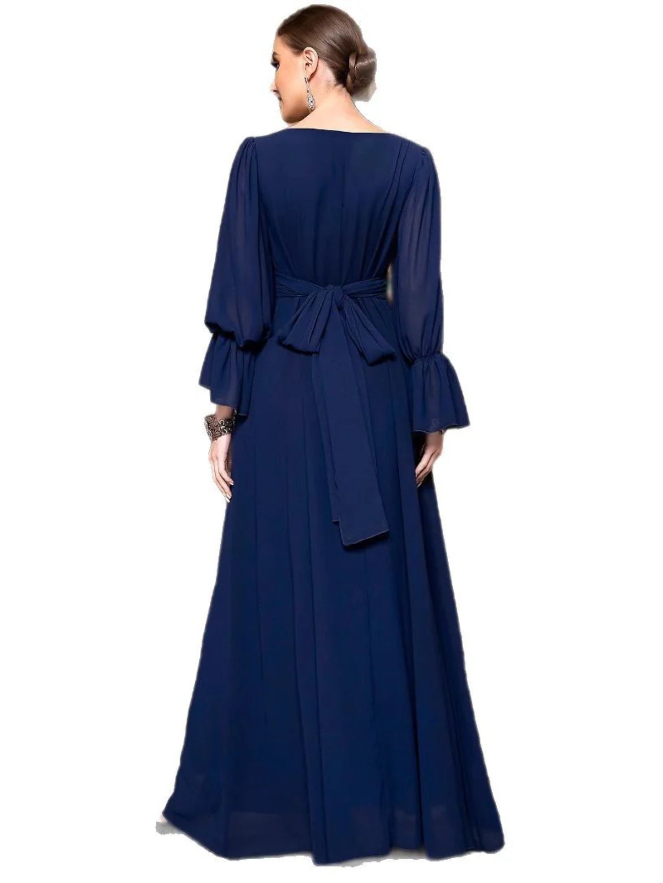 BA3122 navy blue chiffon splicing lace collar evening dress Middle East cross-border hand-sewn diamond elegant long dress