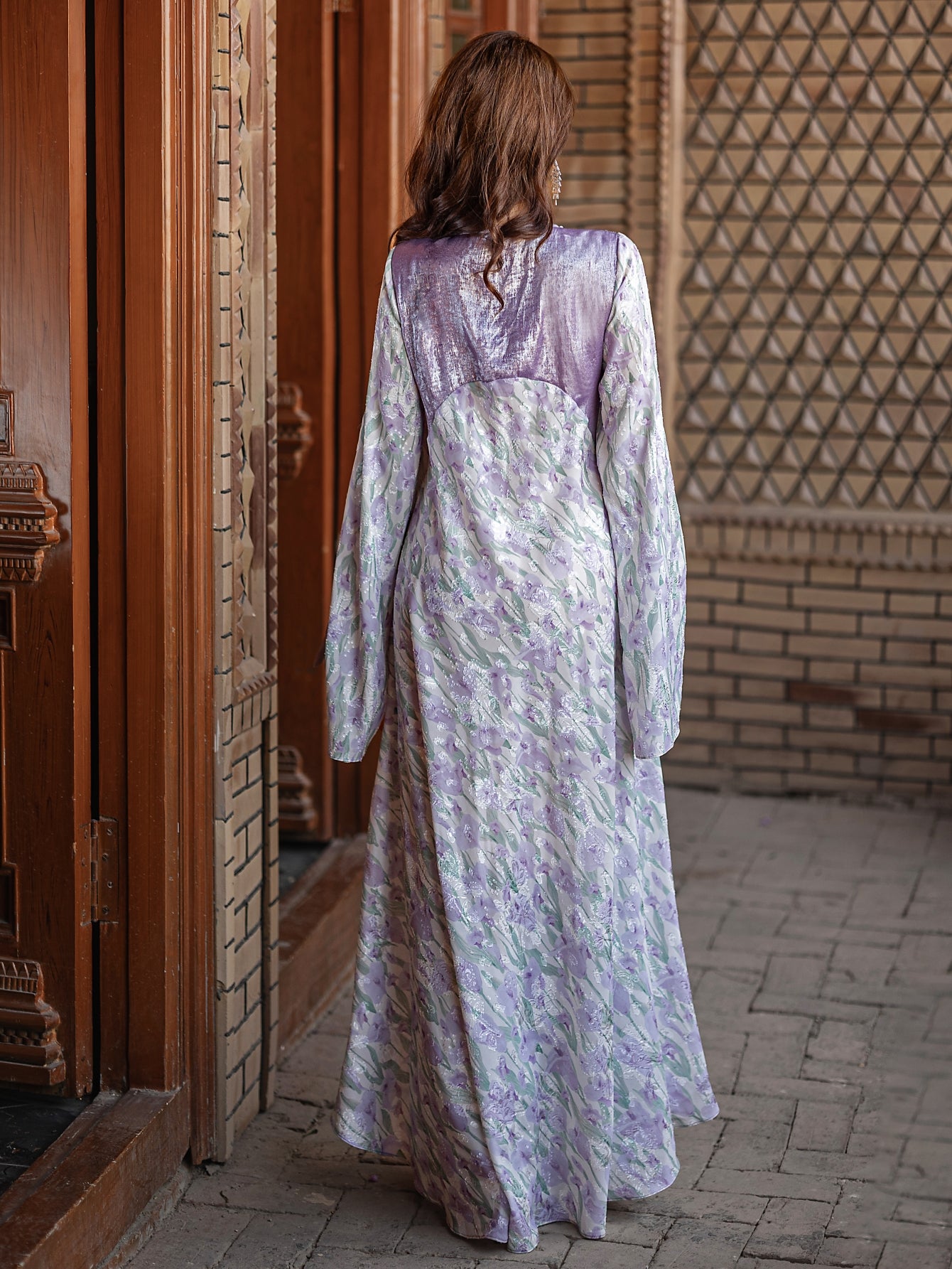 5193Traditional Arabic Embroidered Abaya | Lavender Pearl V-Neck Bell Sleeves Dress for Cultural Evening Wear