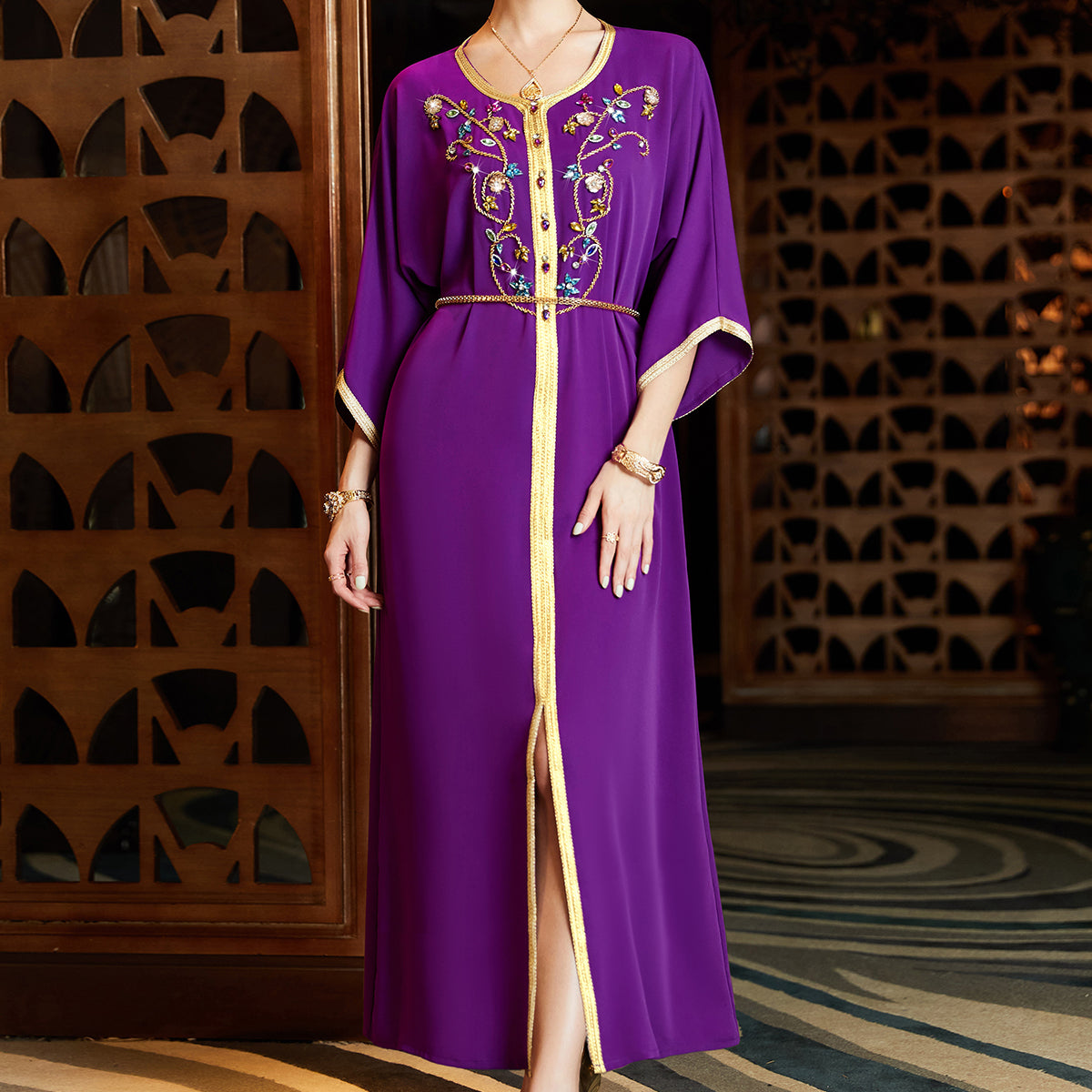 3004 Luxurious Dress in Middle Eastern Style adorned with Ribbon Embroidery and Shimmering Rhinestones