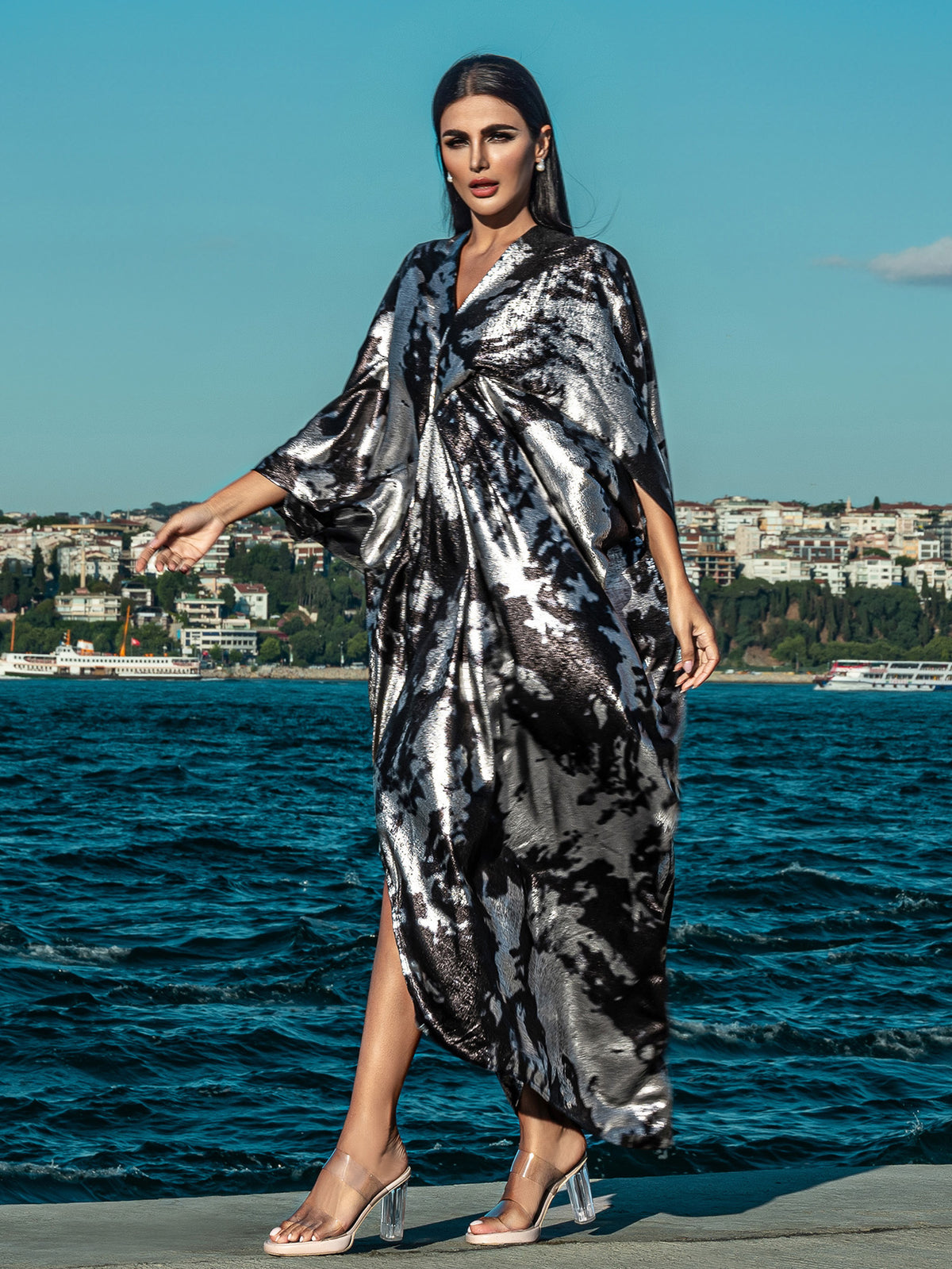 15095 Luxurious Black-Silver Abaya Gown! Shiny Tie-Dye Fabric & Loose Fit, Exuding Grand Aura