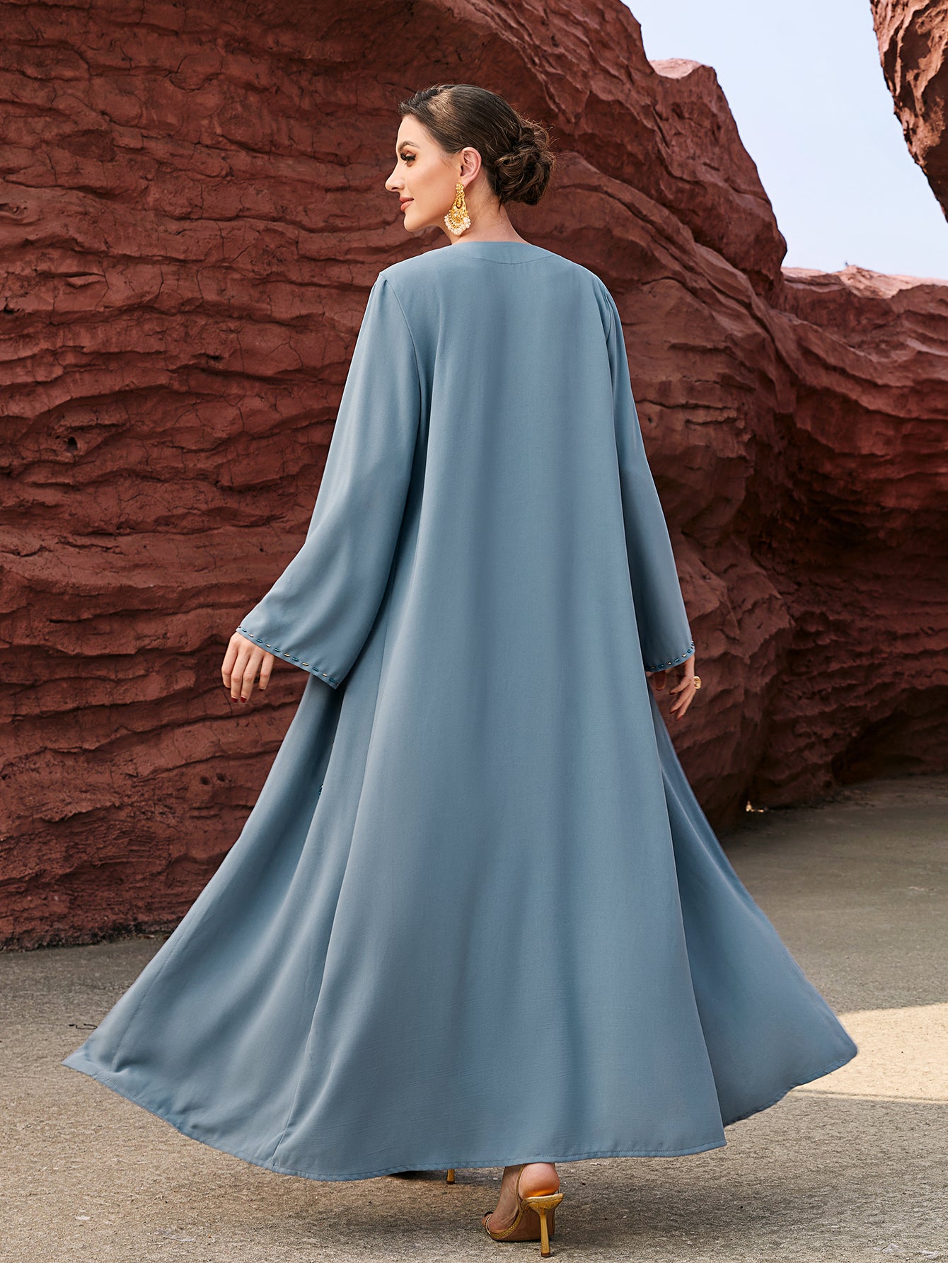 4015 Middle Eastern Style Light Blue Beaded Embellished Open Front Maxi Dress - Elegant Long Abaya Outerwear