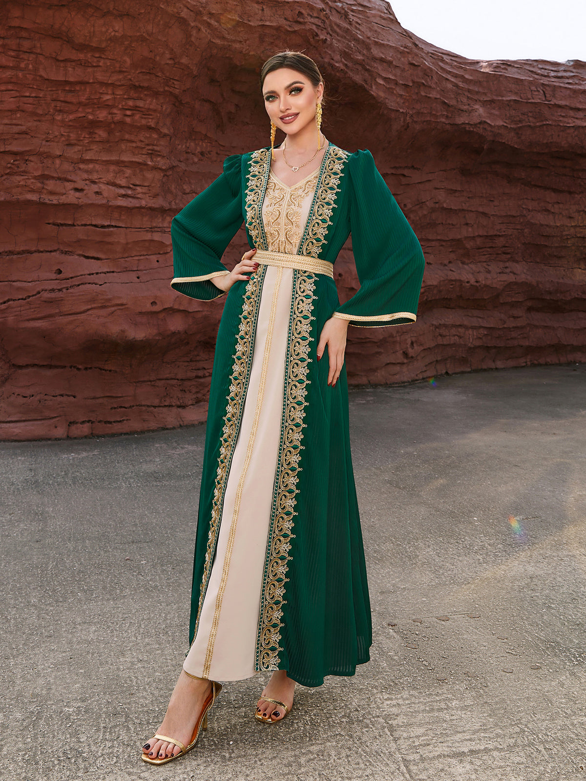 4088 Middle Eastern Style Green Beige Colorblock Gold Embroidered Long Sleeve Belted Maxi Dress - Elegant Contrast Decorated Gown