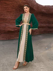 4088 Middle Eastern Style Green Beige Colorblock Gold Embroidered Long Sleeve Belted Maxi Dress - Elegant Contrast Decorated Gown