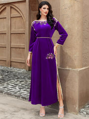 15164 Purple velvet hand-sewn rhinestones and gold webbing dress long dress toasting dress