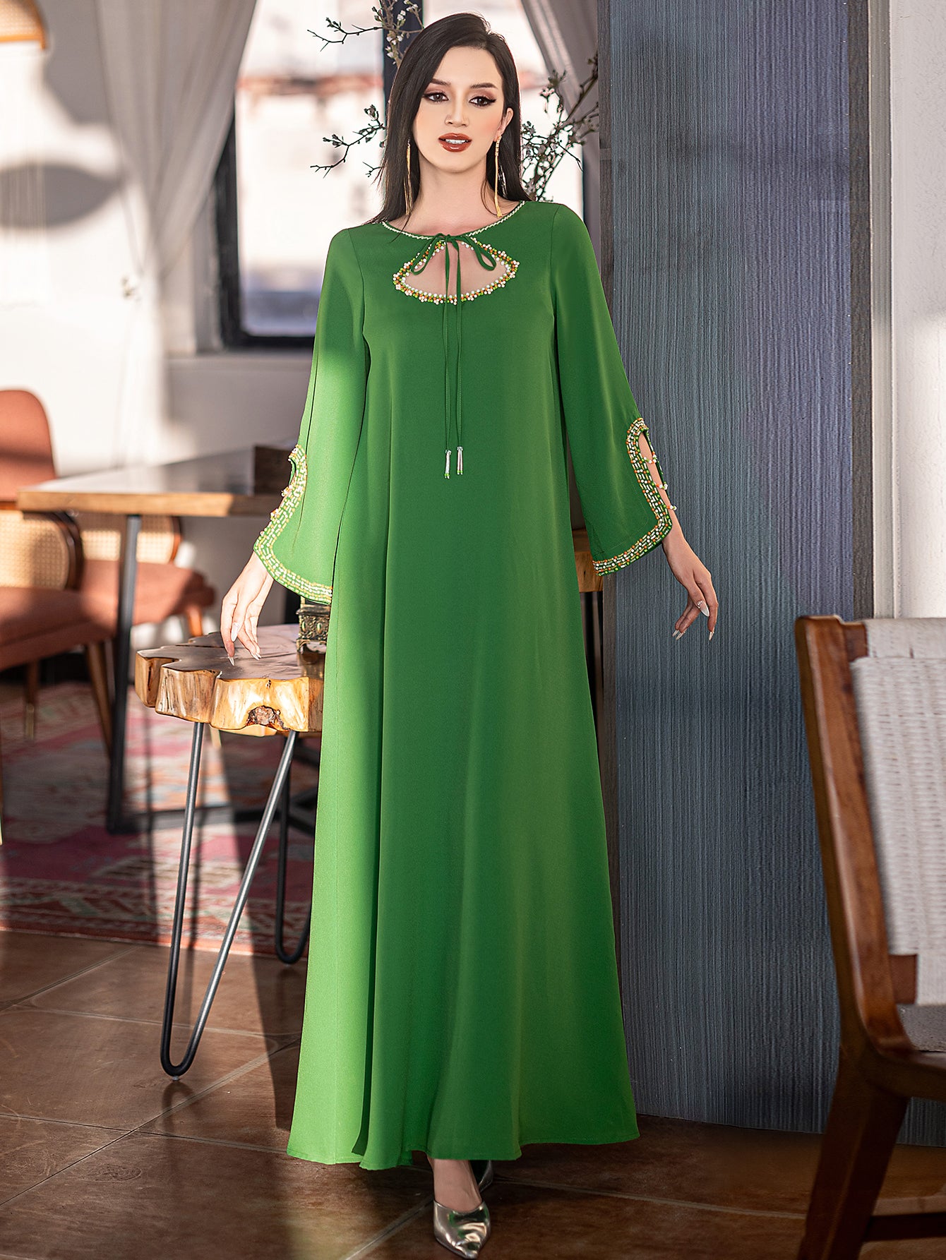 5205 Luxury Emerald Abaya | Hand-Beaded Neckline & Crystal-Trimmed Bell Sleeves