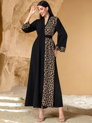 15146 Leopard print color matching dark V cardigan jacket with belt long, large size women's dress