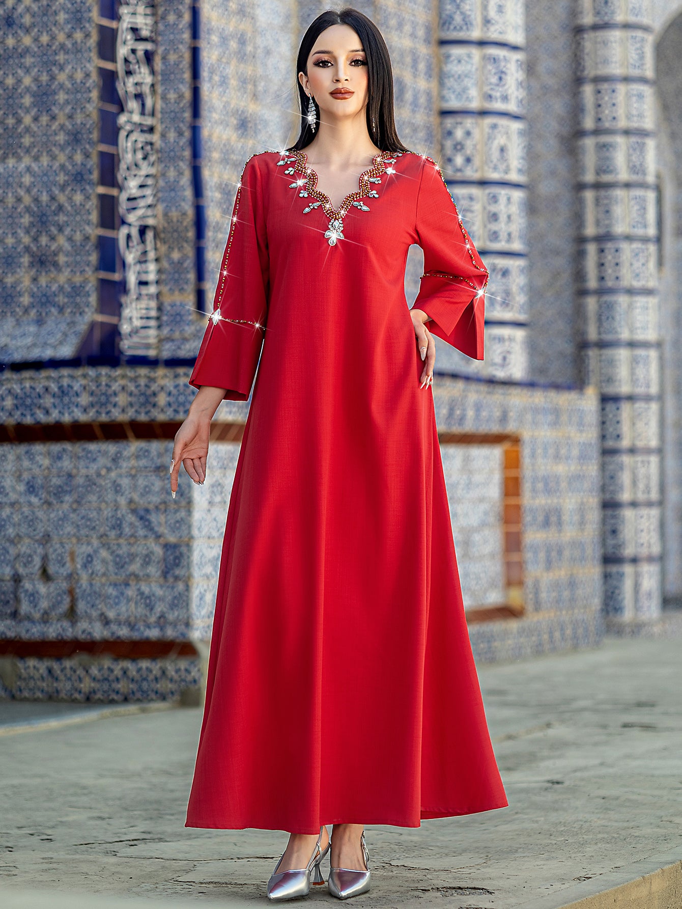 5202Scarlet Beaded Arabic Abaya Dress | V-Neck Bell Sleeves Evening Gown with Crystal Fringe & Embroidery
