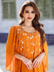 5204 Sunset Orange Arabic Abaya Dress | Round Neck Beaded Gown with Bell Sleeves & Intricate Embroidery