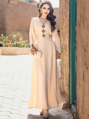 5206Beige Arabic Abaya Dress | V-Neck Gold Beaded Gown with Geometric Embroidery & Bell Sleeves