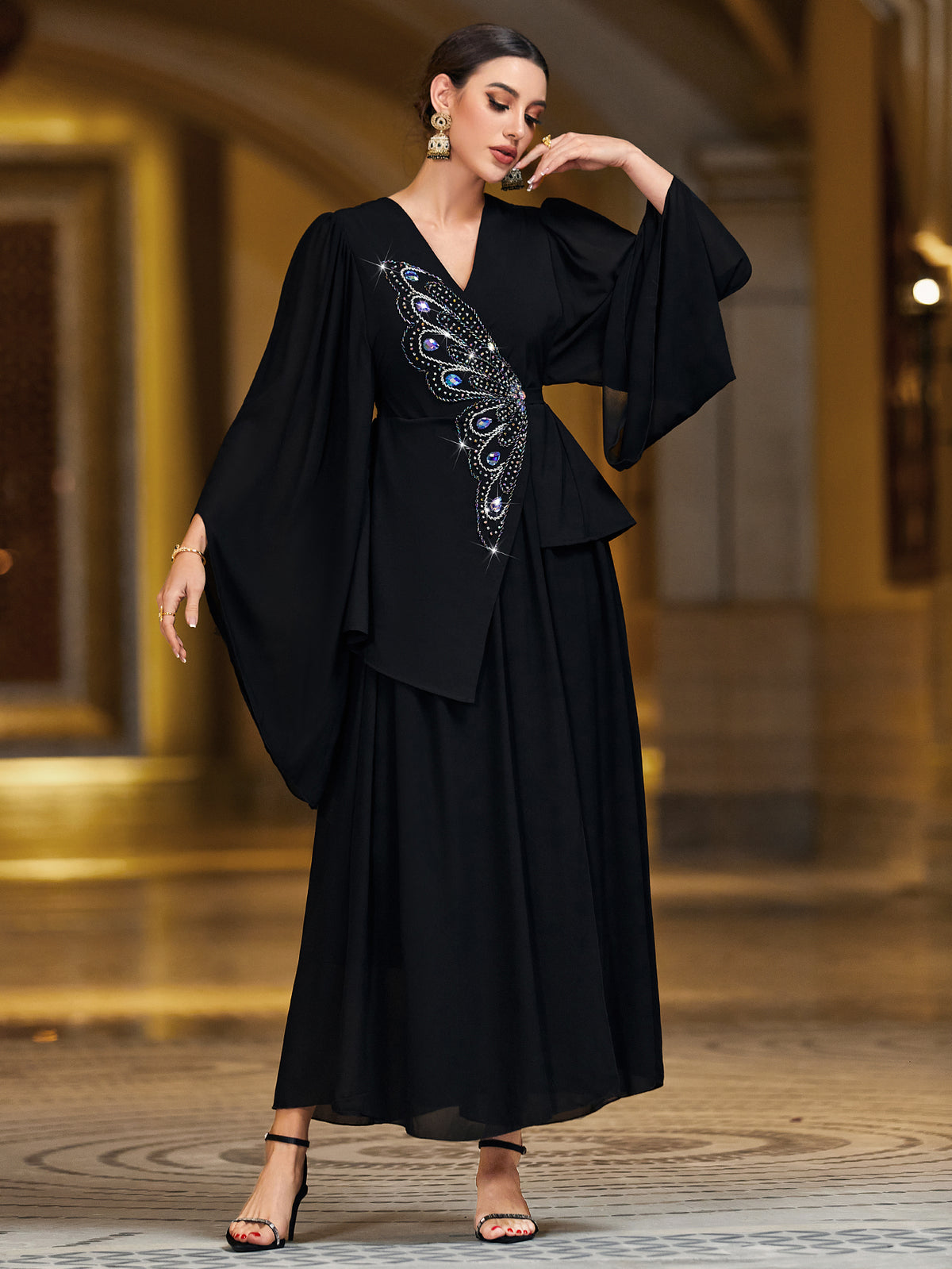 4147 Black Butterfly Handmade Nailed Diamond Wrap Dress Middle East Fashion Arabian Dress