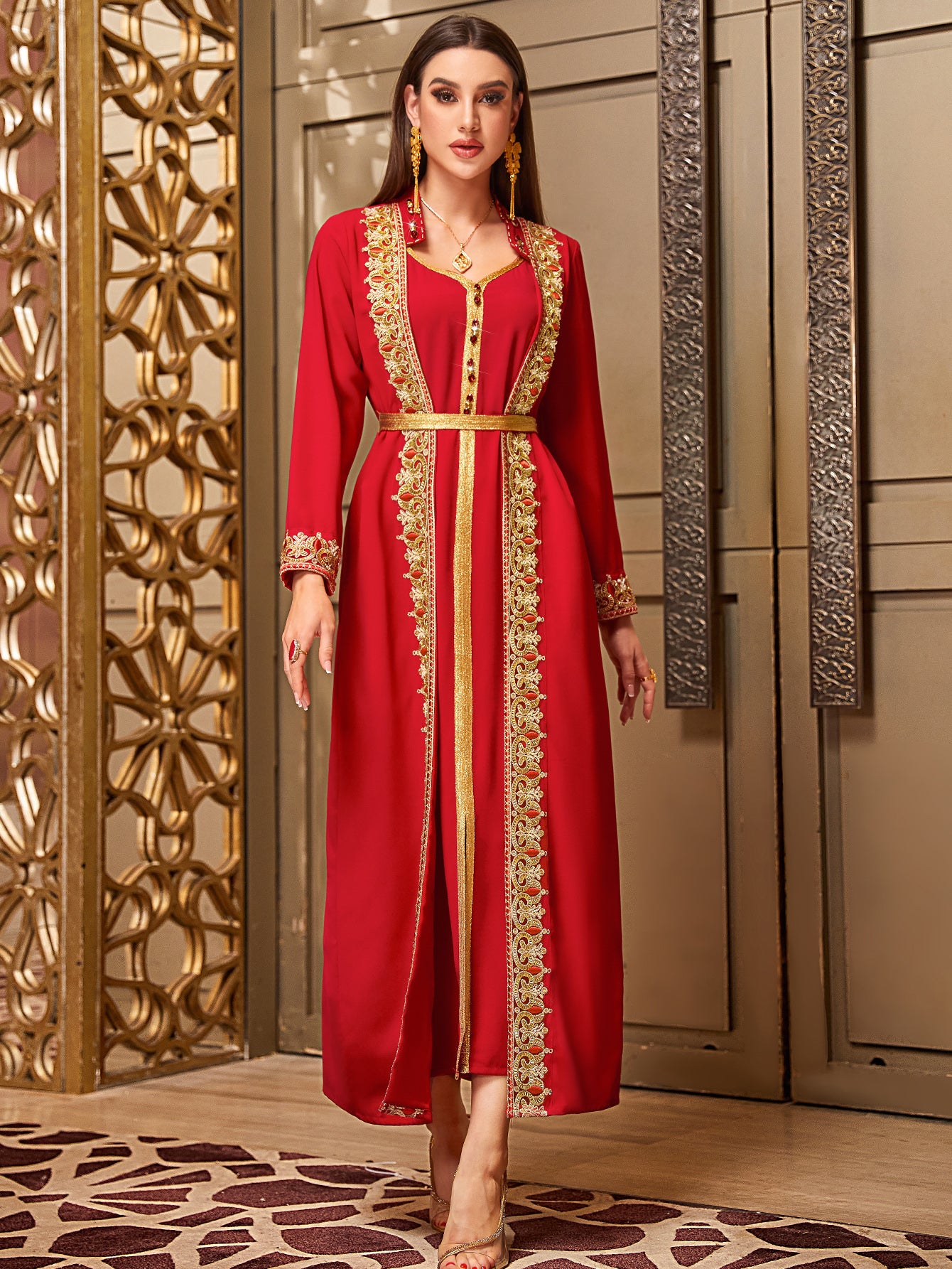 4048 Middle Eastern Style Red Gold Embroidered Pseudotwo-Piece Long Sleeve Belted Maxi Dress - Elegant Ornamental Long Gown