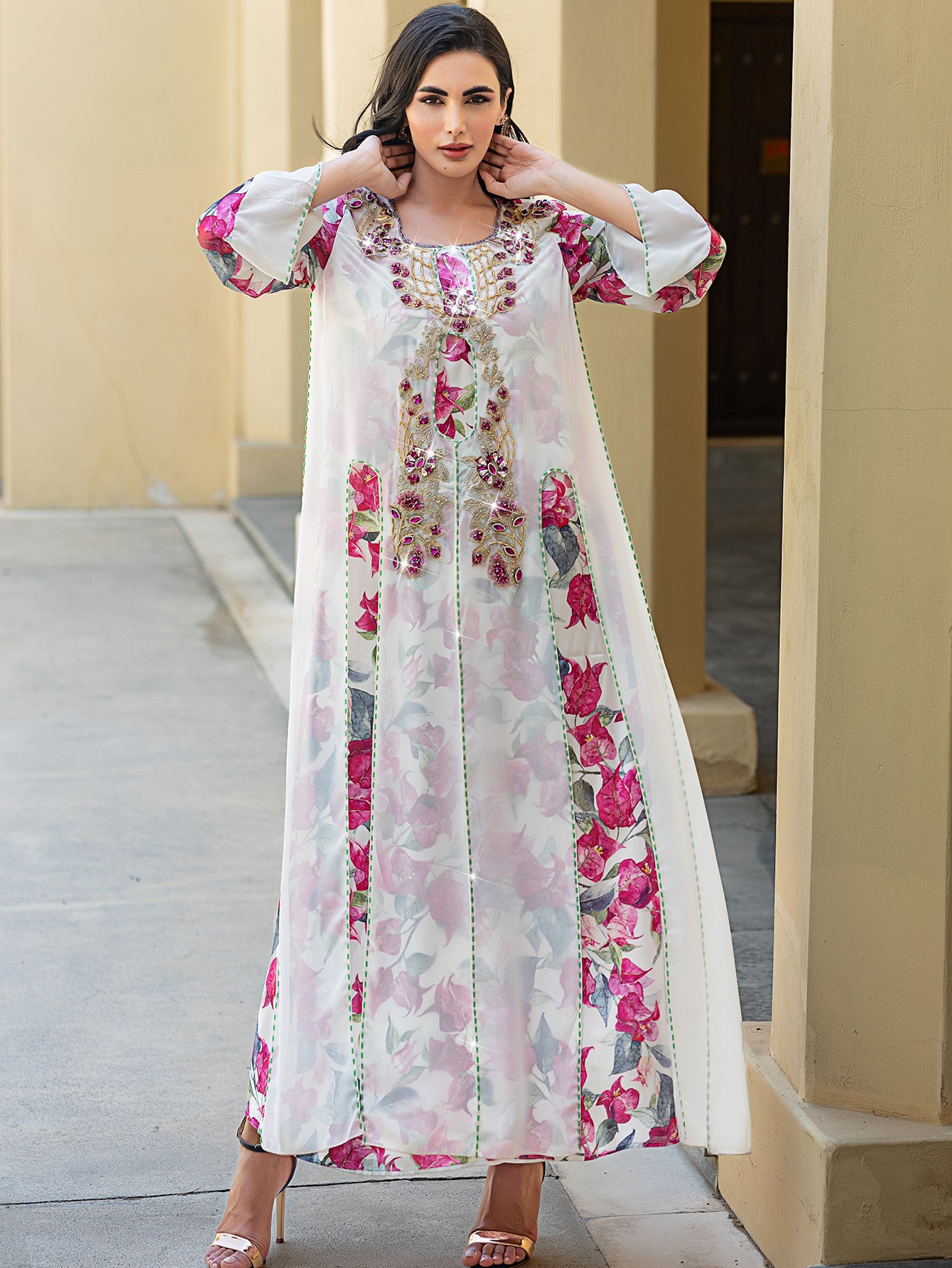 15065 Middle Eastern robe, hand-sewn diamond Dubai Arabian print robe dress